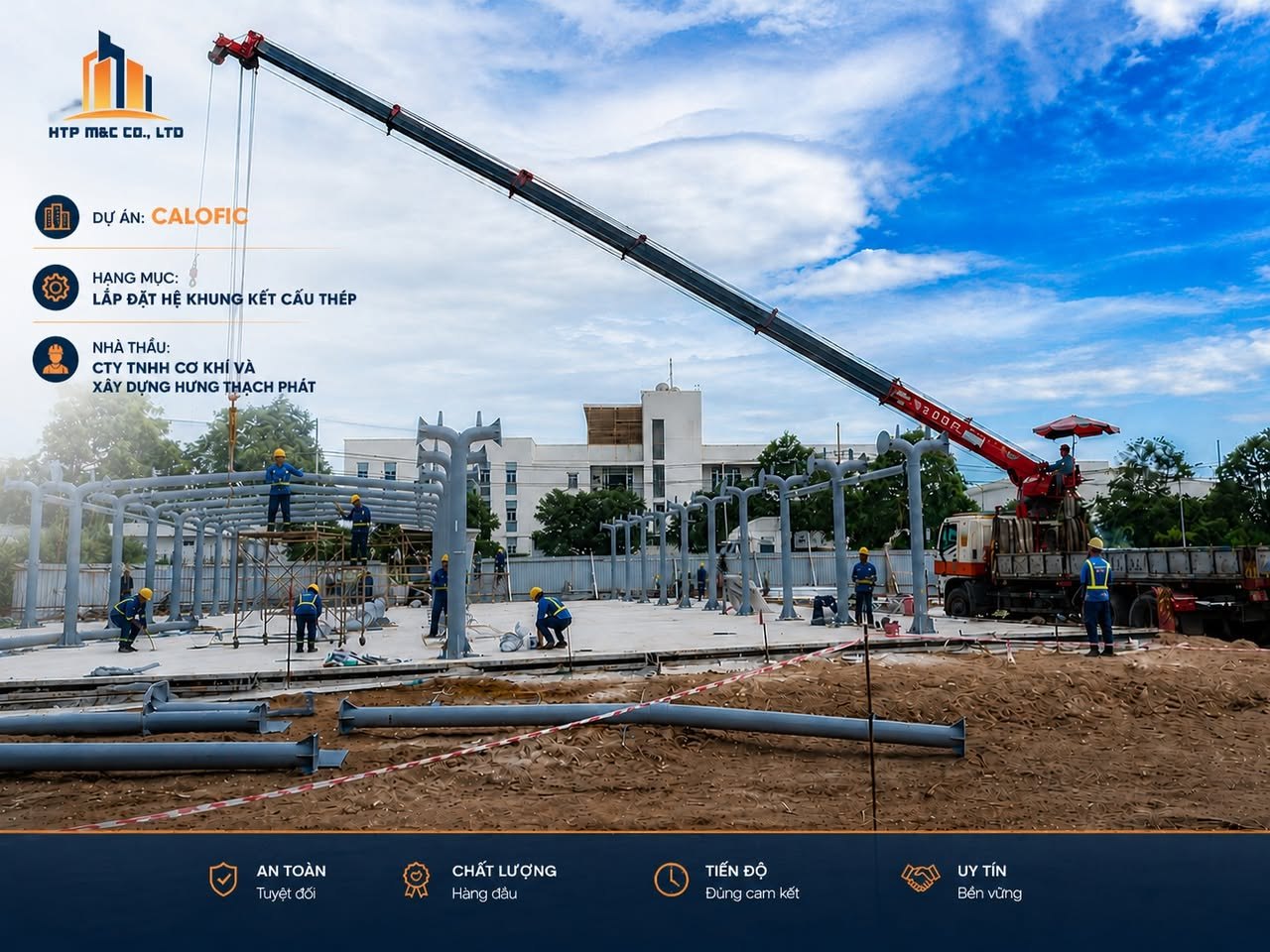 Cẩu lắp cấu kiện khung thép